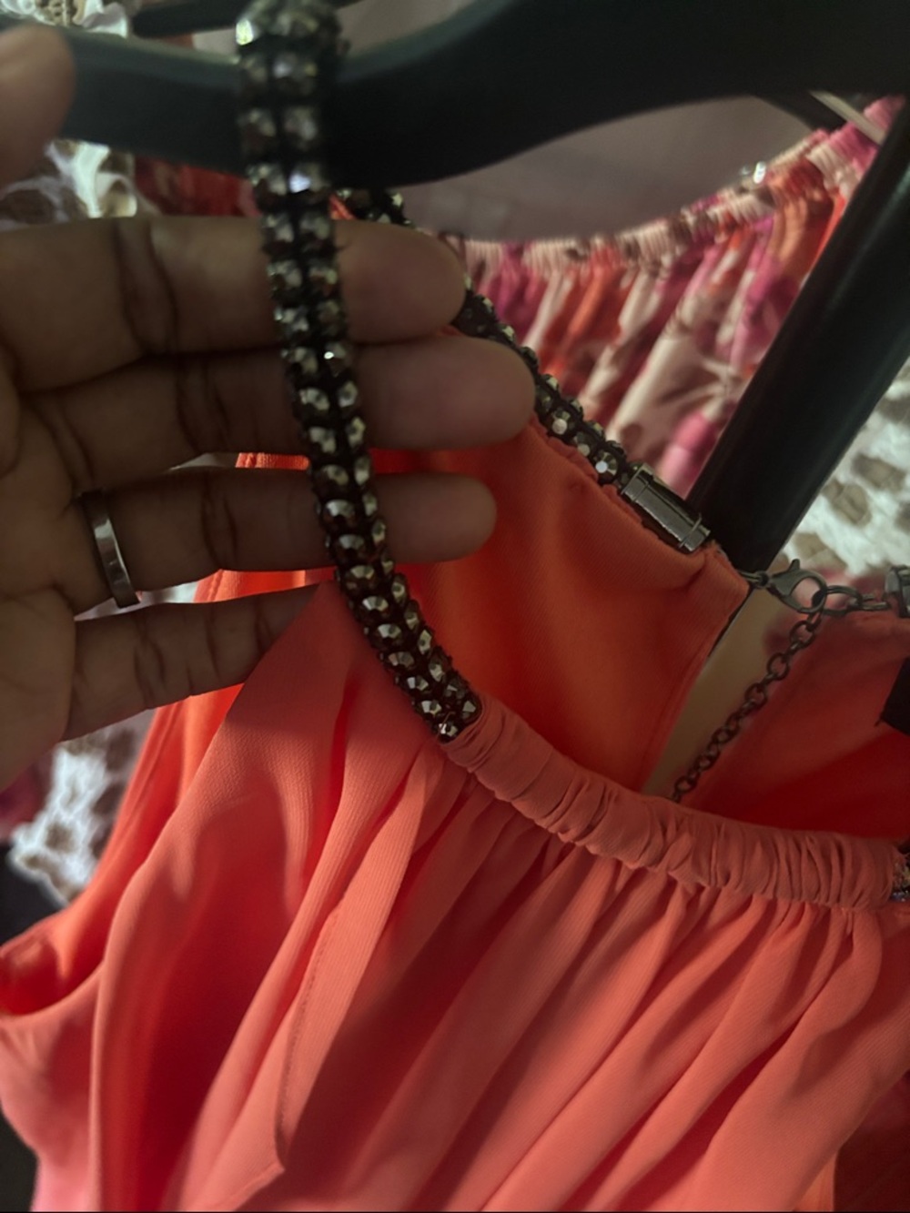 SLNY Coral Halter Mini Dress with Jeweled Neckline - Picture 3 of 4